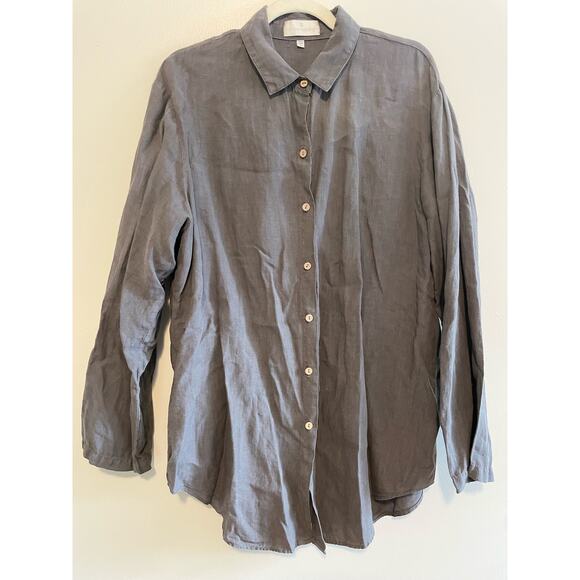 Soft Surroundings Size L Gray 100% Linen Button Up Top Long Sleeves Classic - Picture 1 of 6